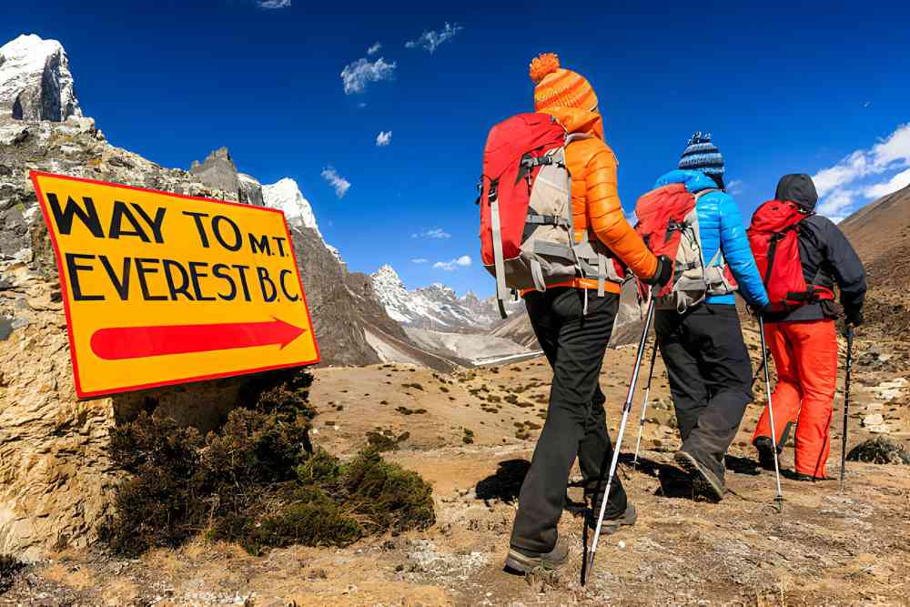 Group of three trekkers passing signpost Way to Mount Everest Base Camp Mount Everest Sagarmatha National Park