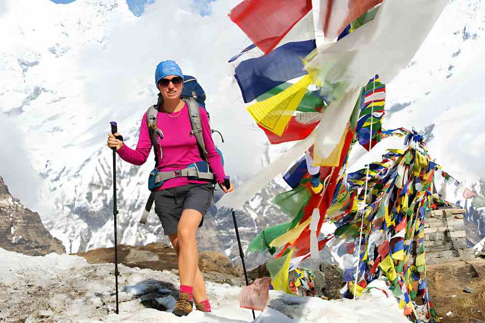 Hiker on the trek in Himalayas, Annapurna valley, Nepal