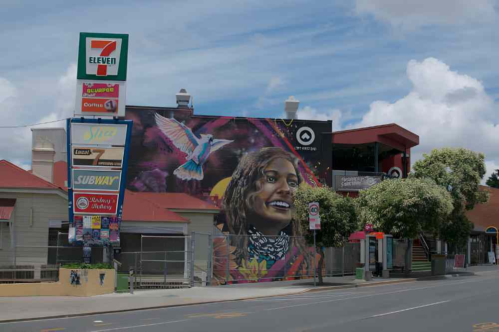 View of a beautiful mural on a building facade in the famous Boundary St. in West End area, Brisbane